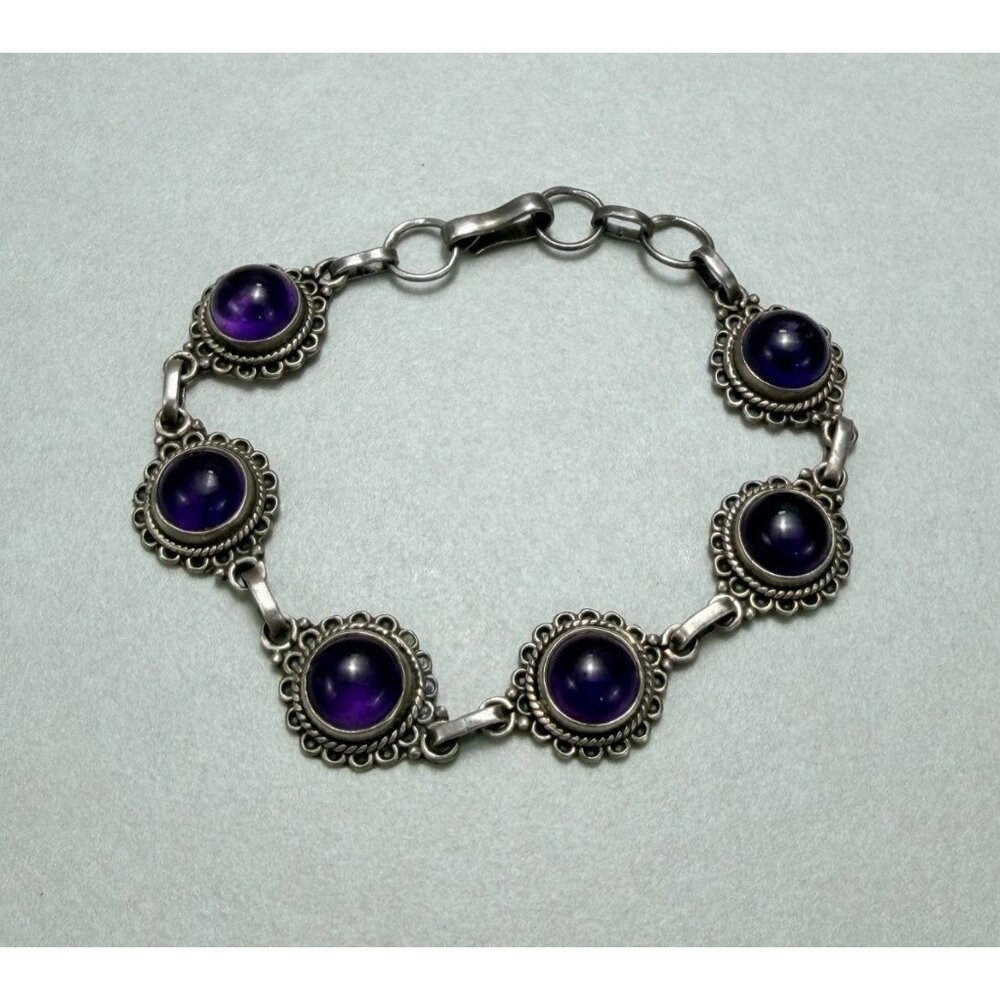 Sterling Silver Amethyst Link Bracelet 925 Vintage Statement 7.5”